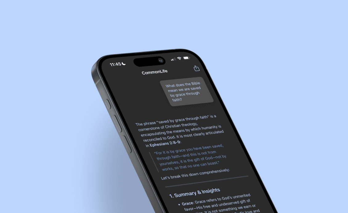 The CommonLife chat screen answering a study question, with the scripture passages the answer rests on listed beneath it.