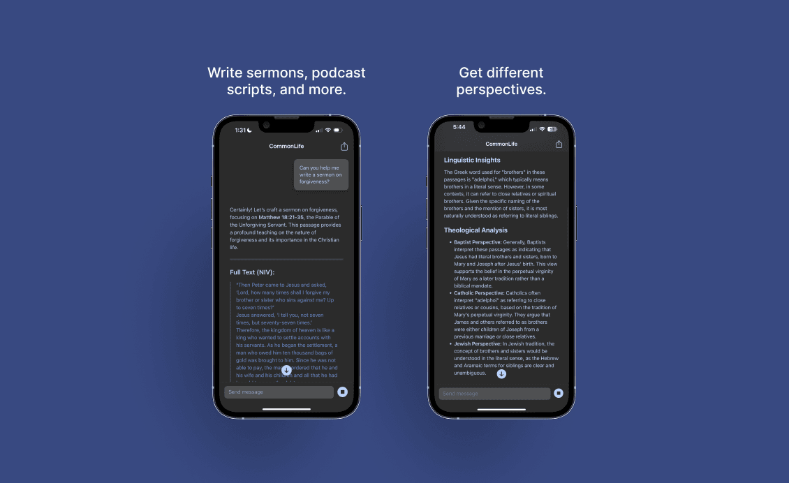 The CommonLife sermon drafting view alongside the perspectives panel comparing how different traditions read the same text.