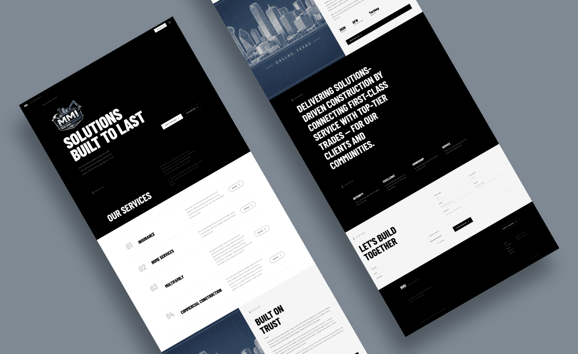 Full-page views of the live MMI Building Services site, showing the homepage and the four service areas.