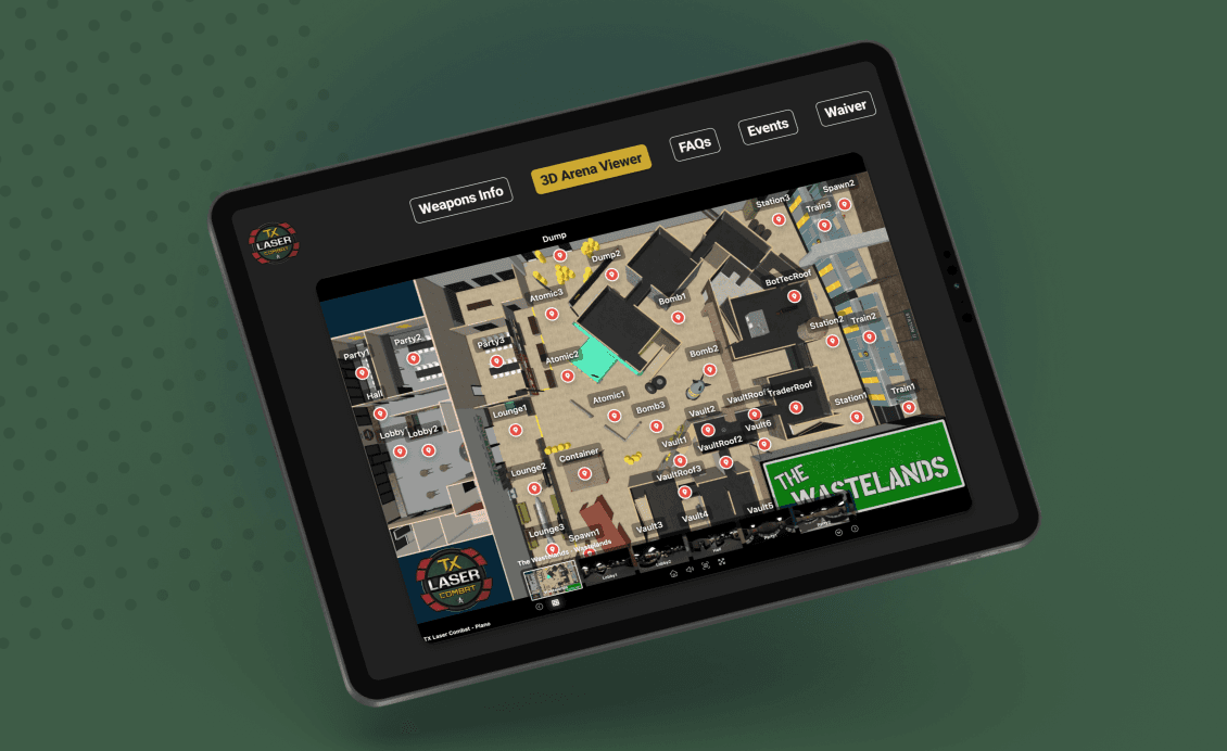 The internal iOS employee app showing the interactive 3D arena viewer used to walk guests through the play space.